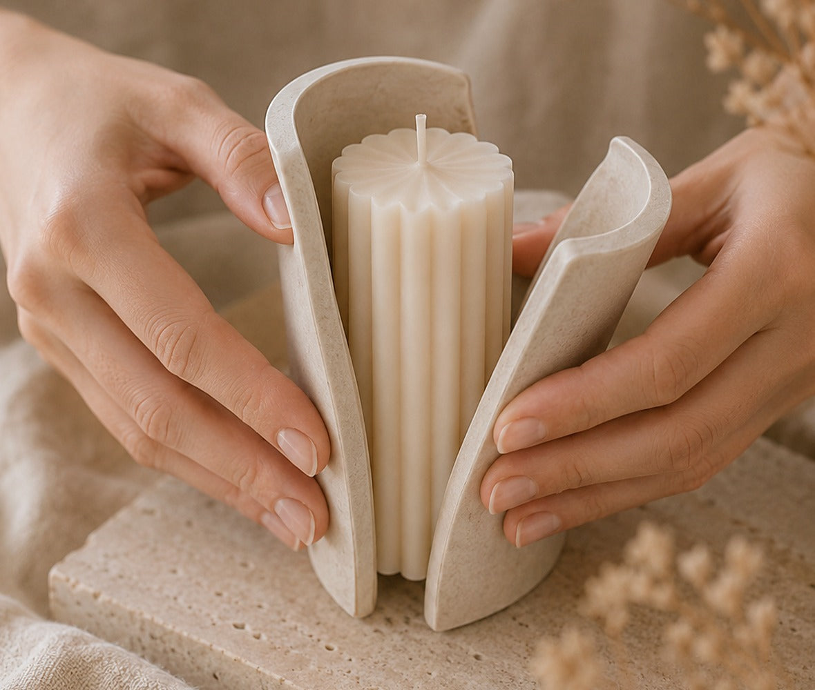 Handgefertigte Candleline Kerze wird behutsam aus der Form geloest